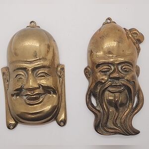 Vintage 2 Heavy Brass Head Face Masks Buddha, decorative Wall Art sculpture.